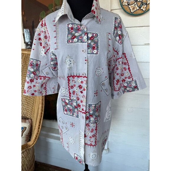 Vintage 70's Tapestry Cotton Blend Button Blouse Gred Red Floral XL - Picture 8 of 12